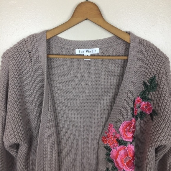 Mauve Medium Open Front Embroidered Floral Knit Cardigan - Picture 2 of 8
